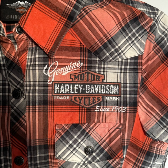 Orange & navy Harley Davidson button-up t-shirt with rhinestones - Picture 2 of 3